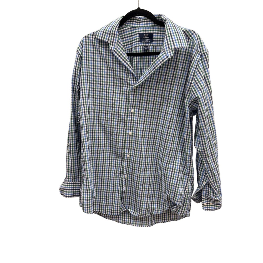 Dockers Mens Fitted Stretch Gingham Button Down Shirt Blue Green L 16-16.5